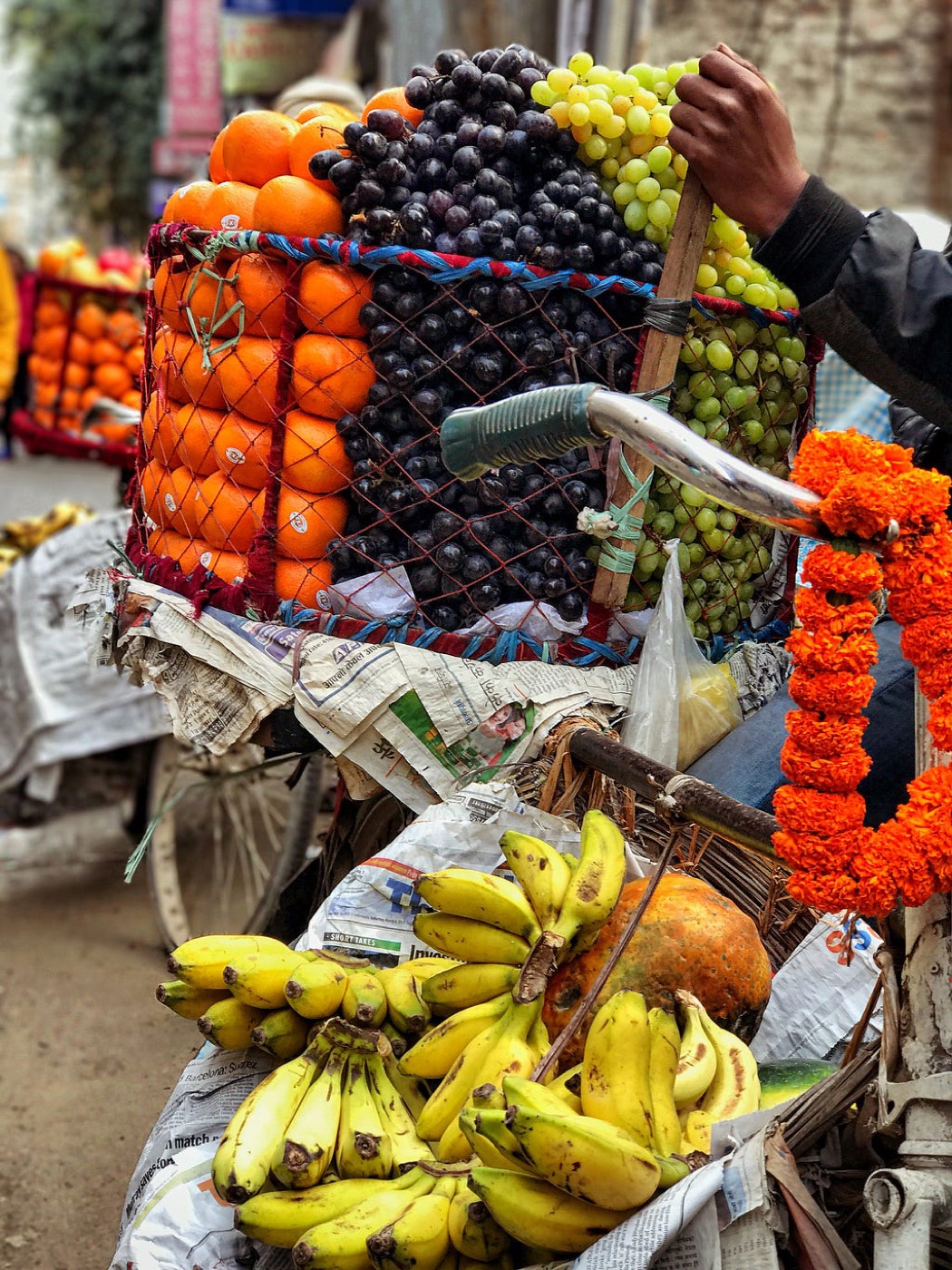 A bicycle loaded with oranges, bananas, grapes and marigold garlands