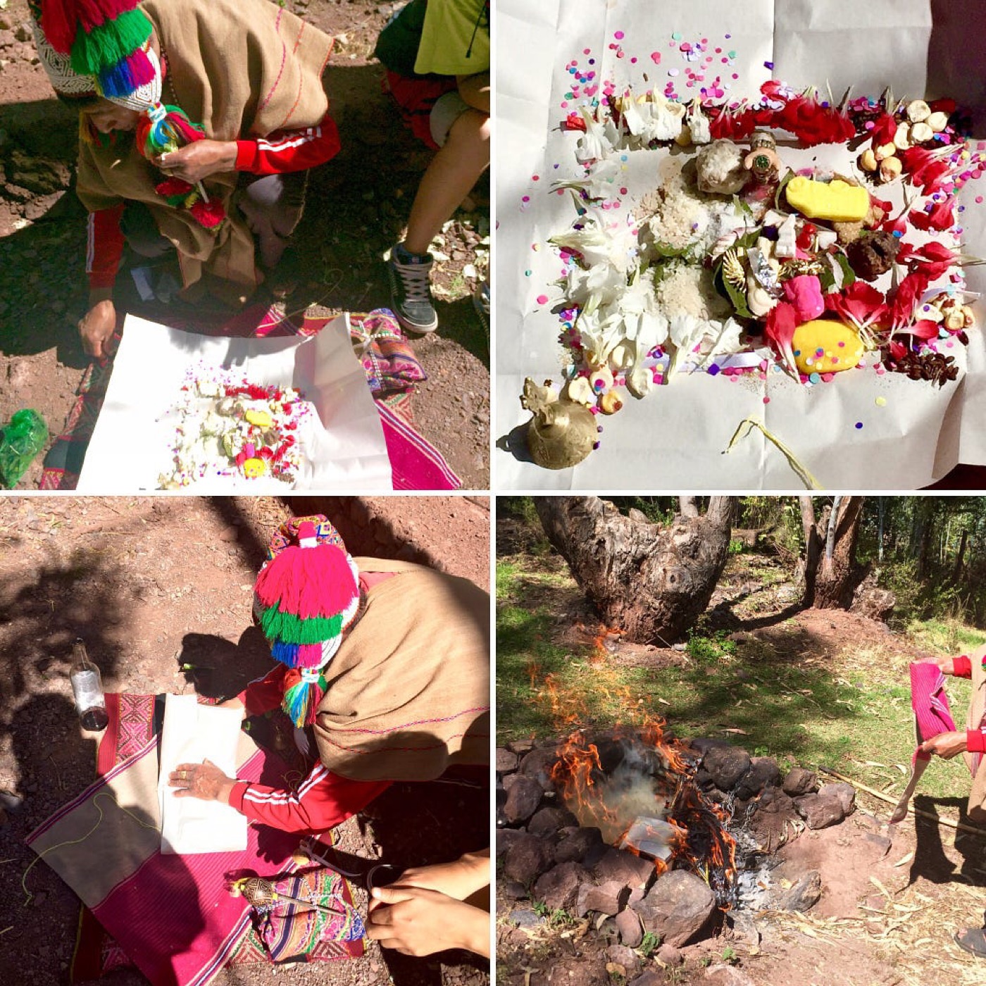 Four photos of a closing ceremony: offerings of flowers, seeds and coca leaves laid out on cloth, and a fire
