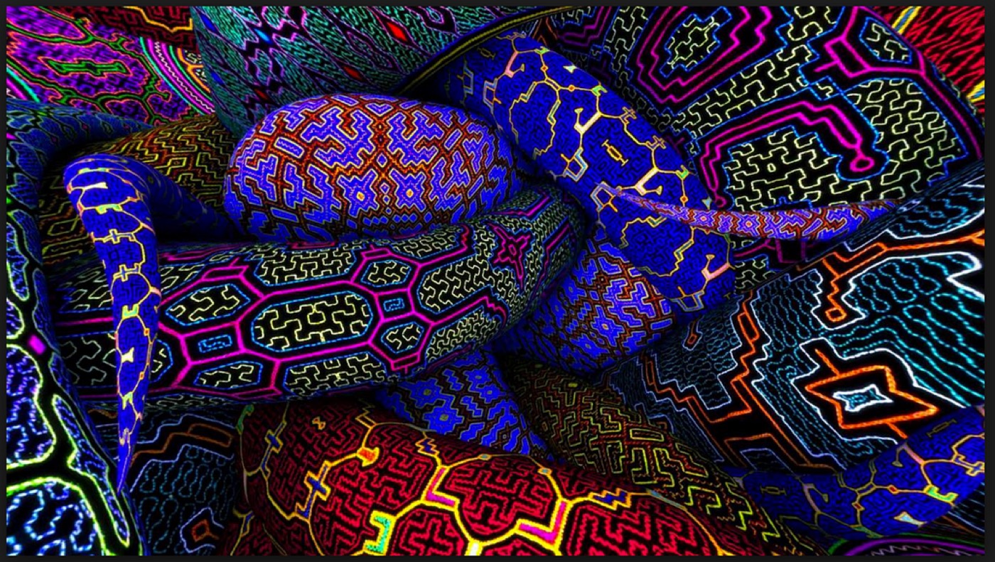 A dense psychedelic pattern of glowing purple, blue and red shapes